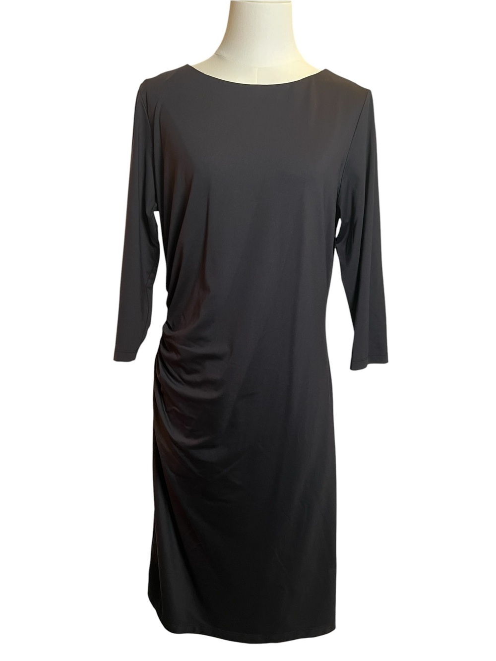 J. McLaughlin Ruched Black Midi 3/4 Sleeve Dress Catalina Cloth Size Large